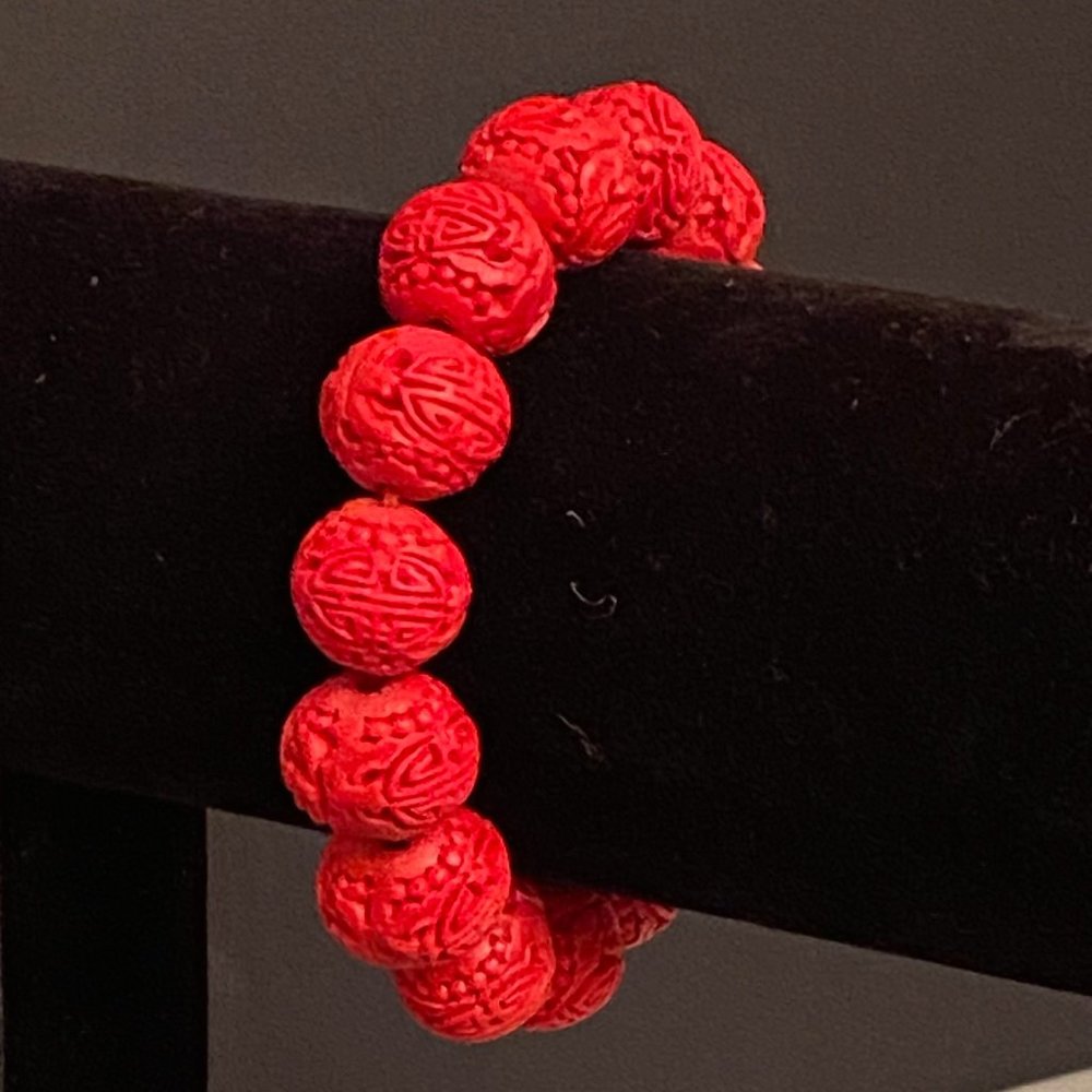 Cinnabar-Red Carved Bead Stretch Bracelet, 6"